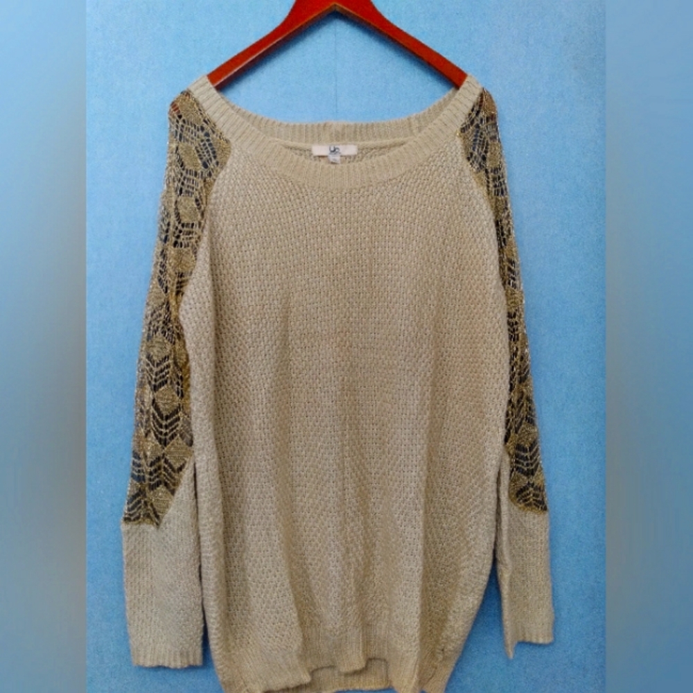 Cozy Cream Knit Sweater with Metallic Lace Sleeves Boho Chic Pullover